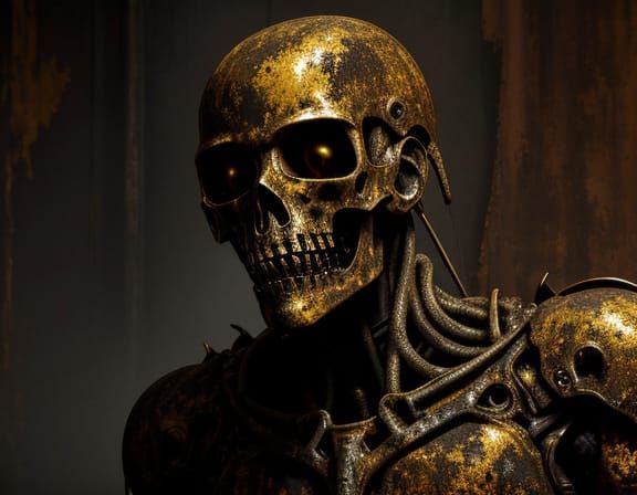 Macabre Figure in Rust-Covered Room