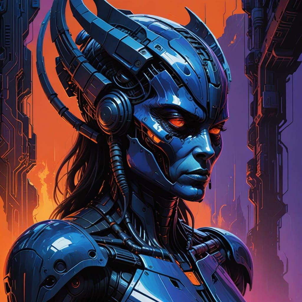 Surreal Blue-Skinned Figure Illuminated by Vibrant Gradient