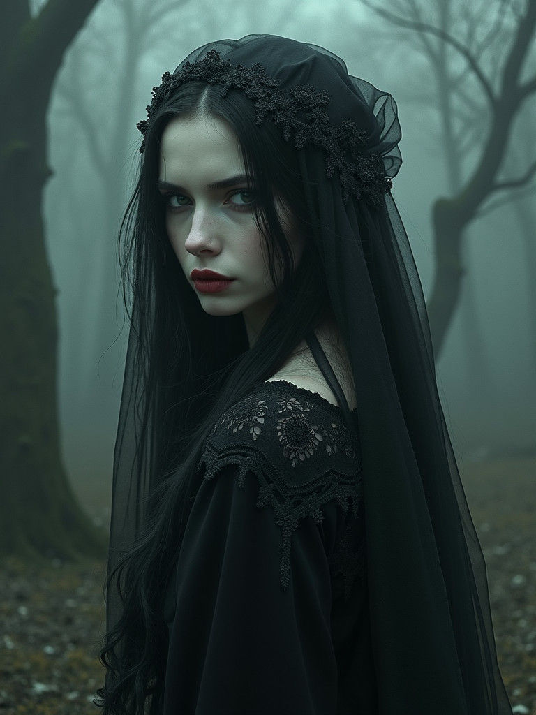 Ethereal Nyx in Gloomy Landscape: Gothic Illustration