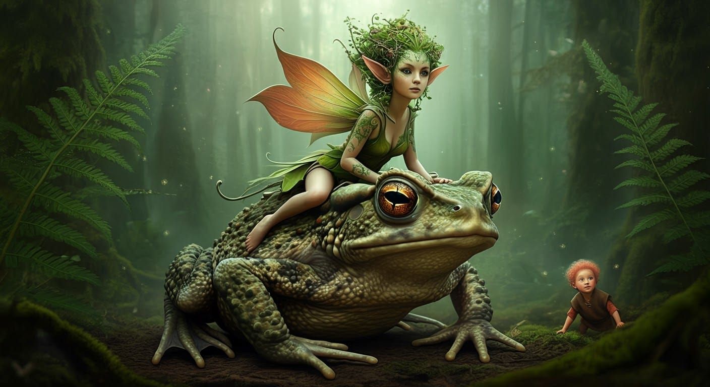 Emerald Fairy Rides Toad Through Mystical Forest