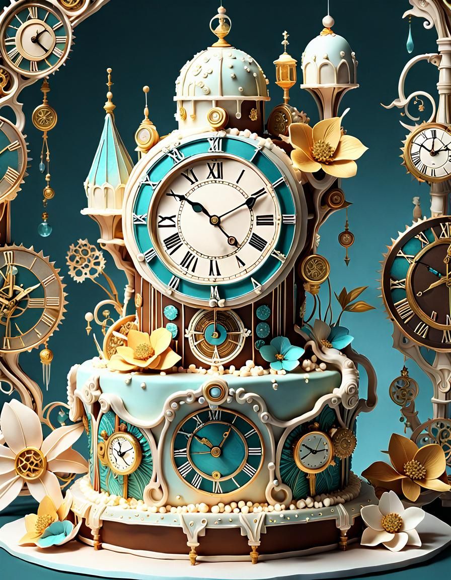Clockwork Cake Sculpture in Surrealist Dreamscape