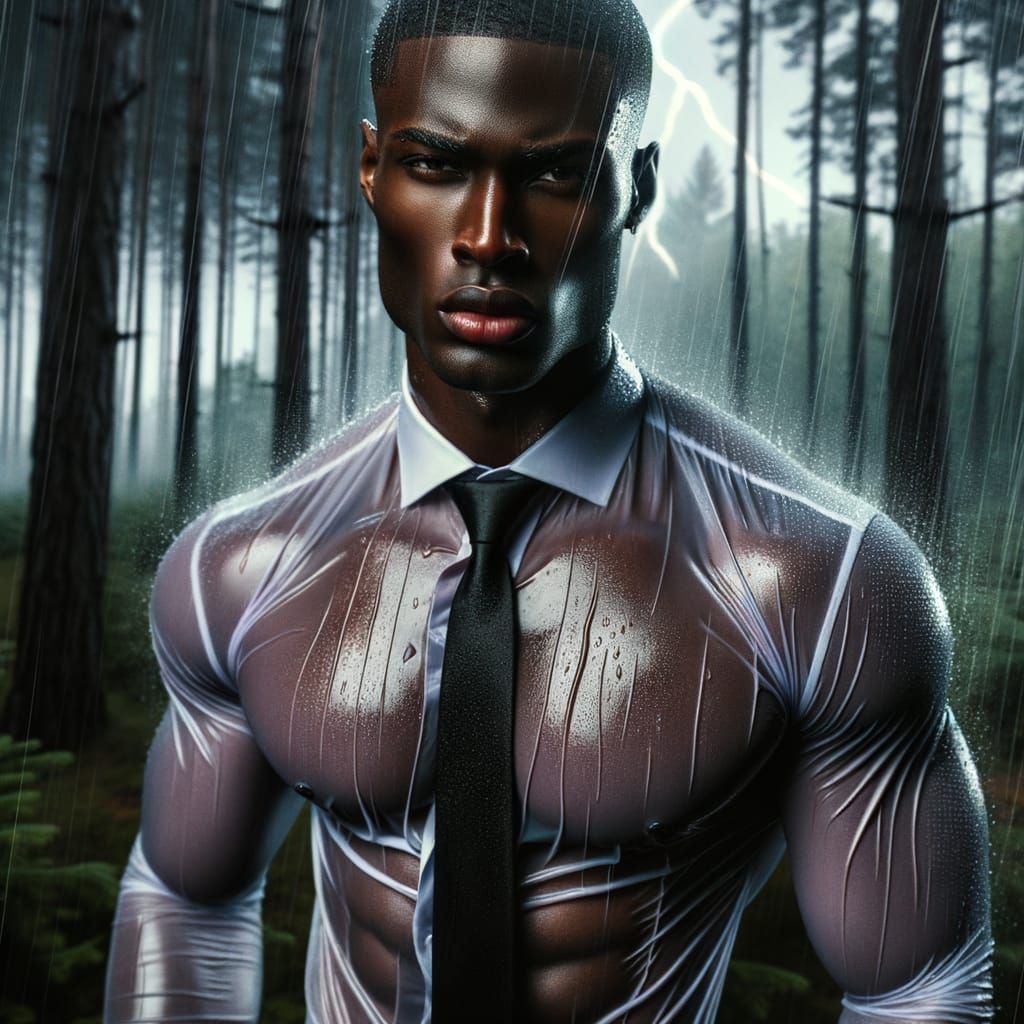 Handsome Vampire in Rain-Soaked Forest Under Lightning