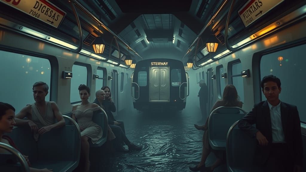 Conceptual photo of a modern subway car on the River Styx, diverse passengers from different eras,