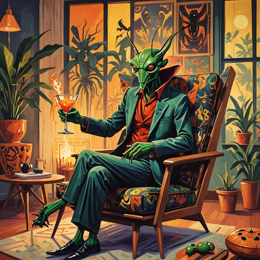 Vampire Praying Mantis in Mid-Century Modern Style