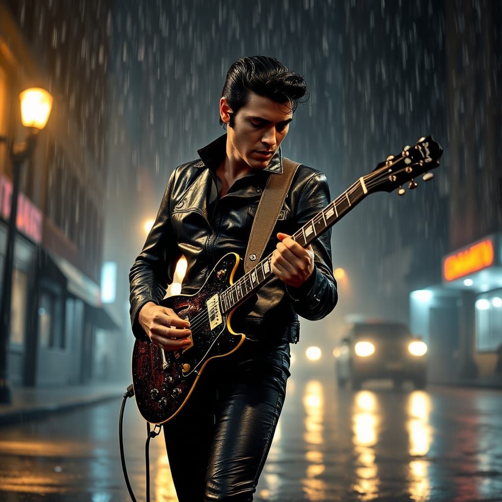 Elvis Presley Plays Guitar in Rainy Cyberpunk City