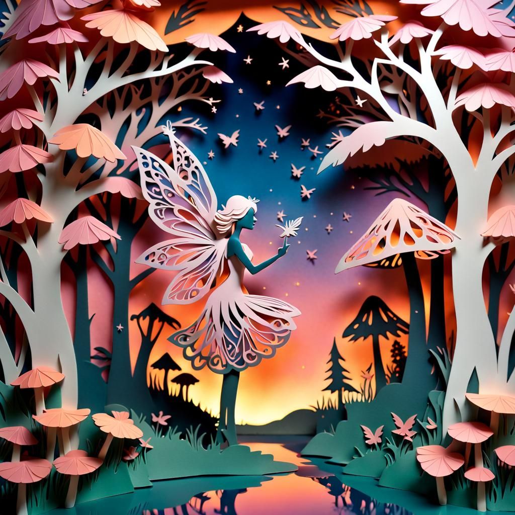 Fantasy Fairy Silhouette in Kirigami Wonderland Sunset