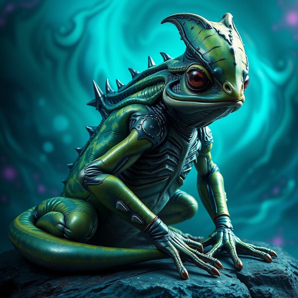 Regal Alien Frog Queen in Hyperrealistic Art