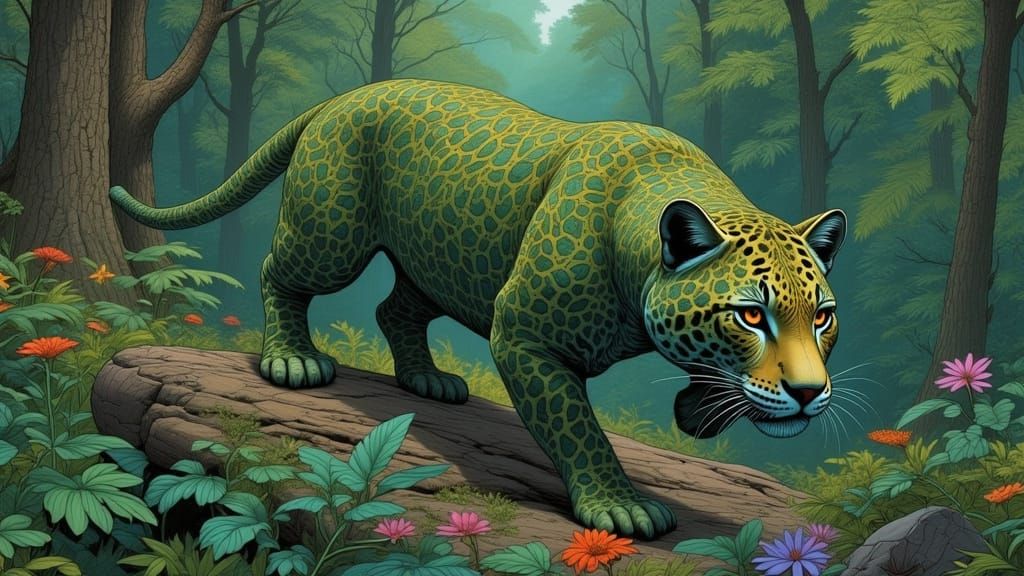 Lush Jaguar in Tropical Rainforest, Digital Art
