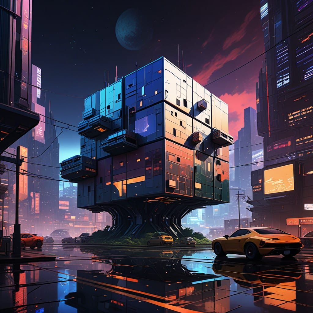 Surreal, Dreamlike Rotating Cube House in Cel-Shaded Aesthet...