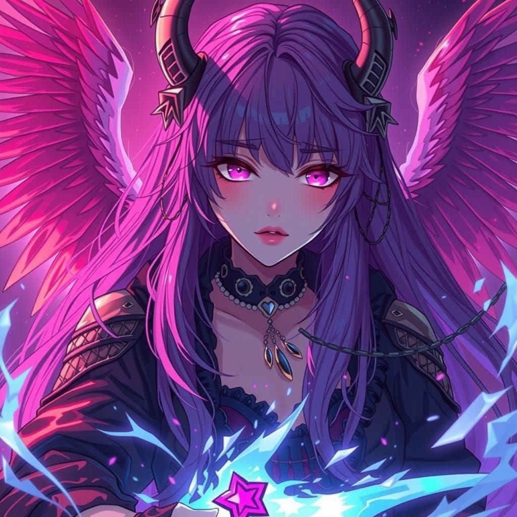 she is the on with violet hair and pink eyes her voice of an...