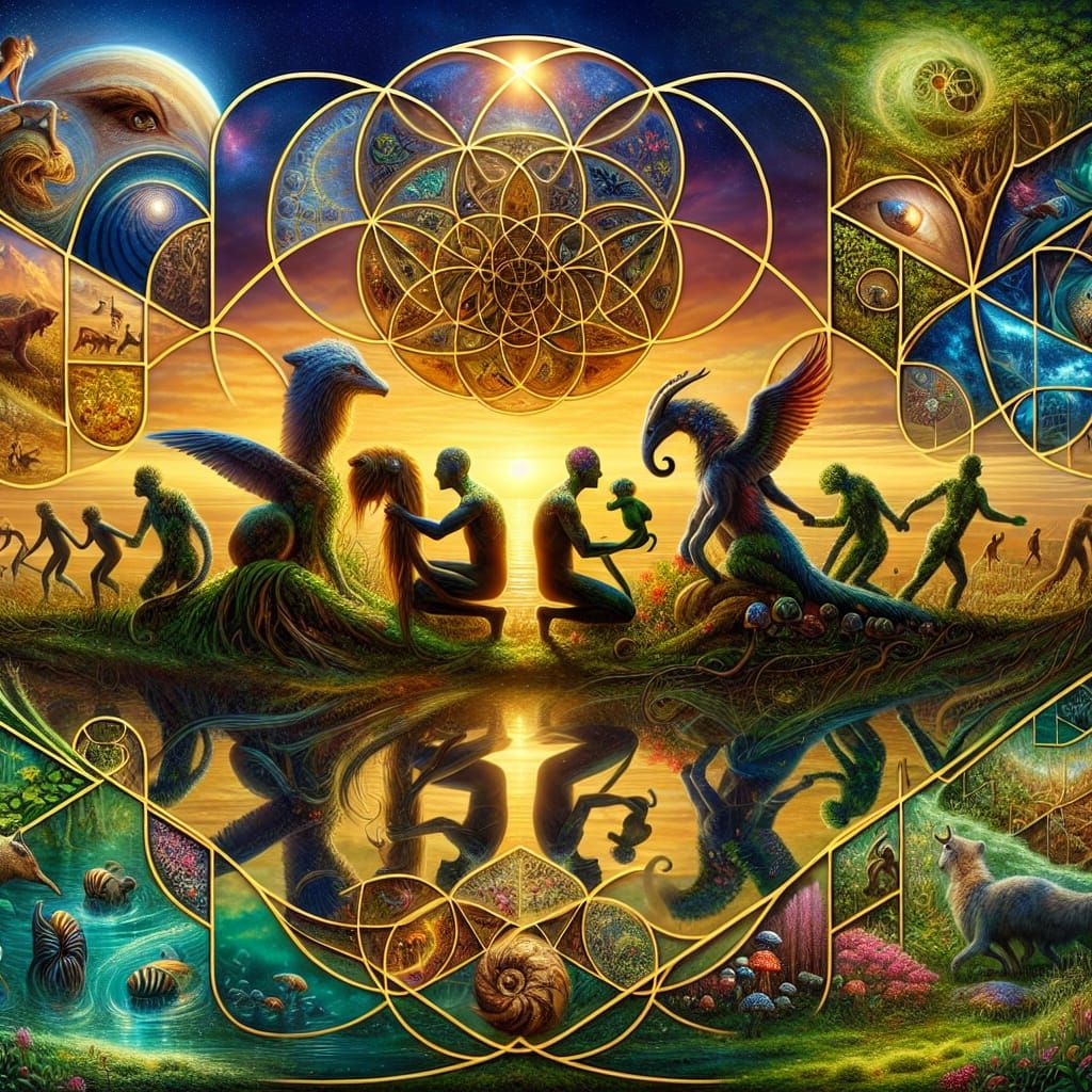 Mystical Creatures Unite in Vibrant Sunset Harmony