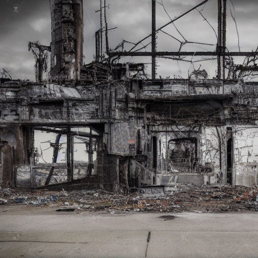 Broken Robots Amidst Ruin in a Post-Apocalyptic Cityscape in...