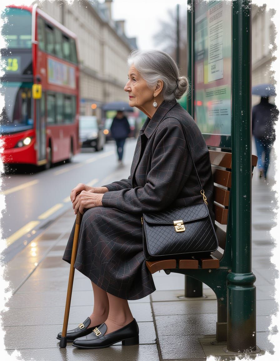 Elderly Woman at London Bus Stop: Watercolor Photo