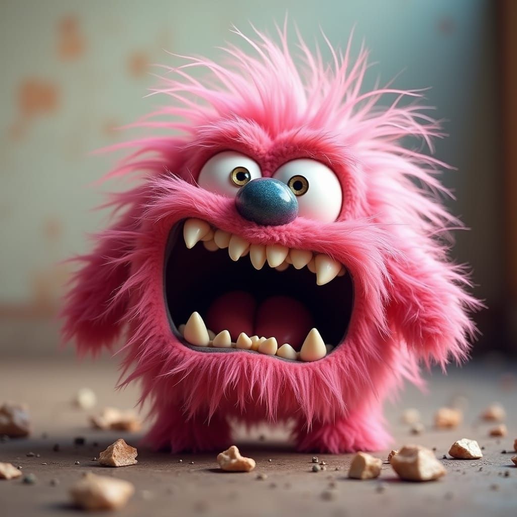 Fluffy Pink Cartoon Monster Crying Loudly