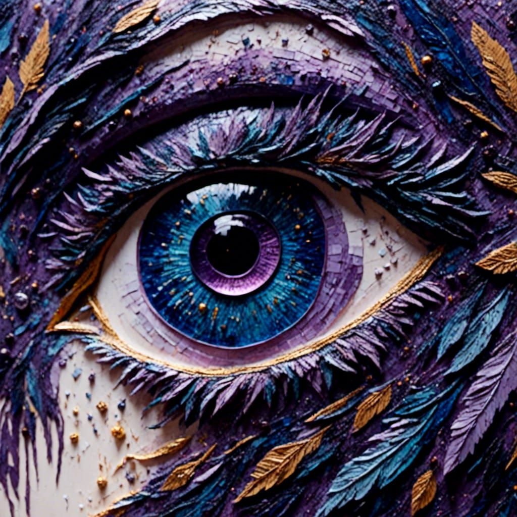 Glowing Violet Eye with Feathers as Impasto Painting