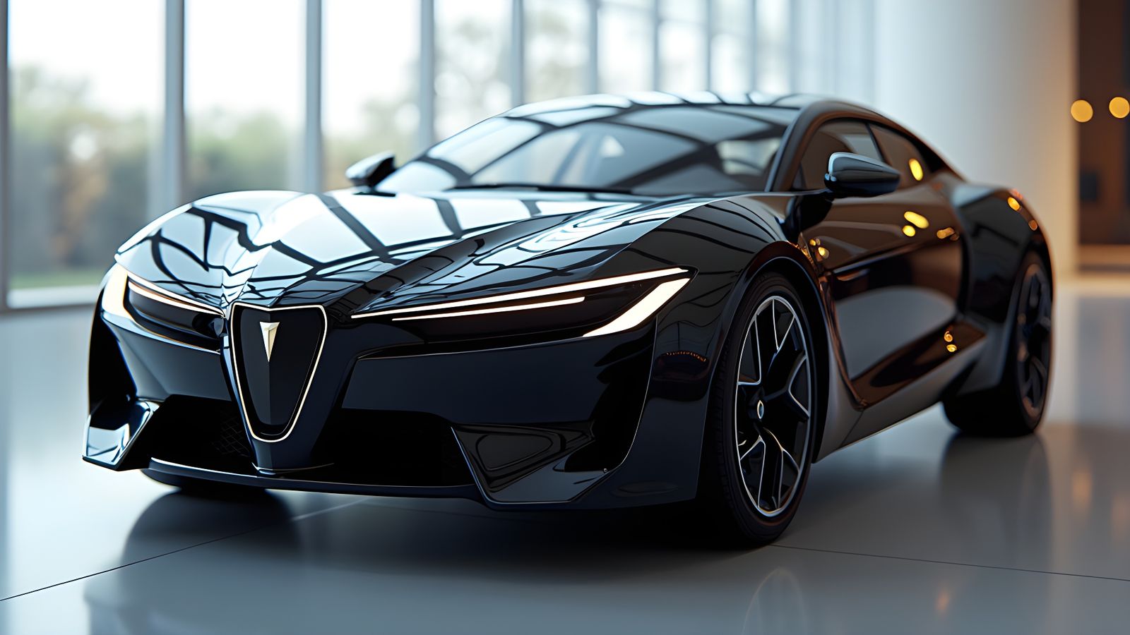 Futuristic Pontiac Sunbird SE in Modern Showroom