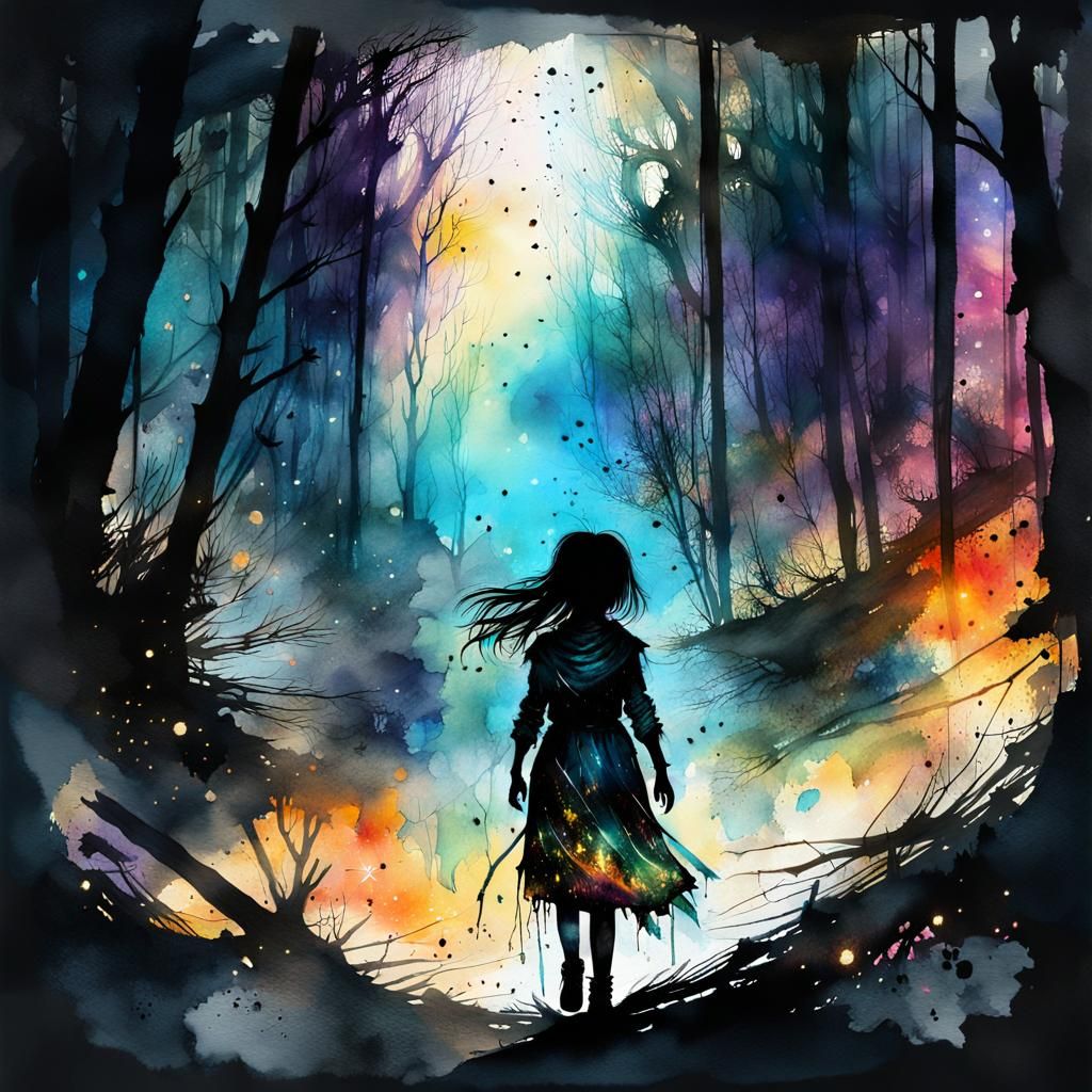 Lost Girl in Dark Forest Watercolor Art