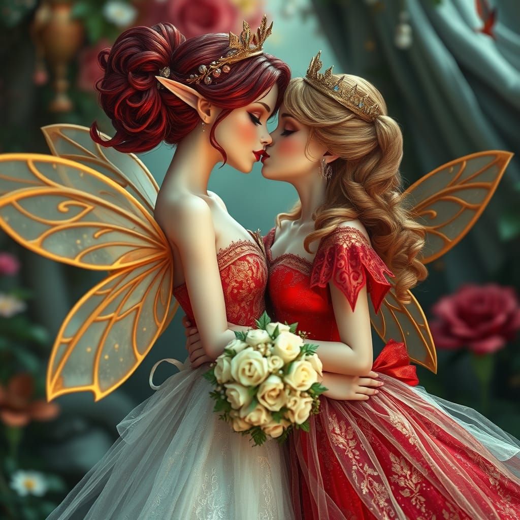 Fairy Wedding: Two Females Kiss in Whimsical Setting
