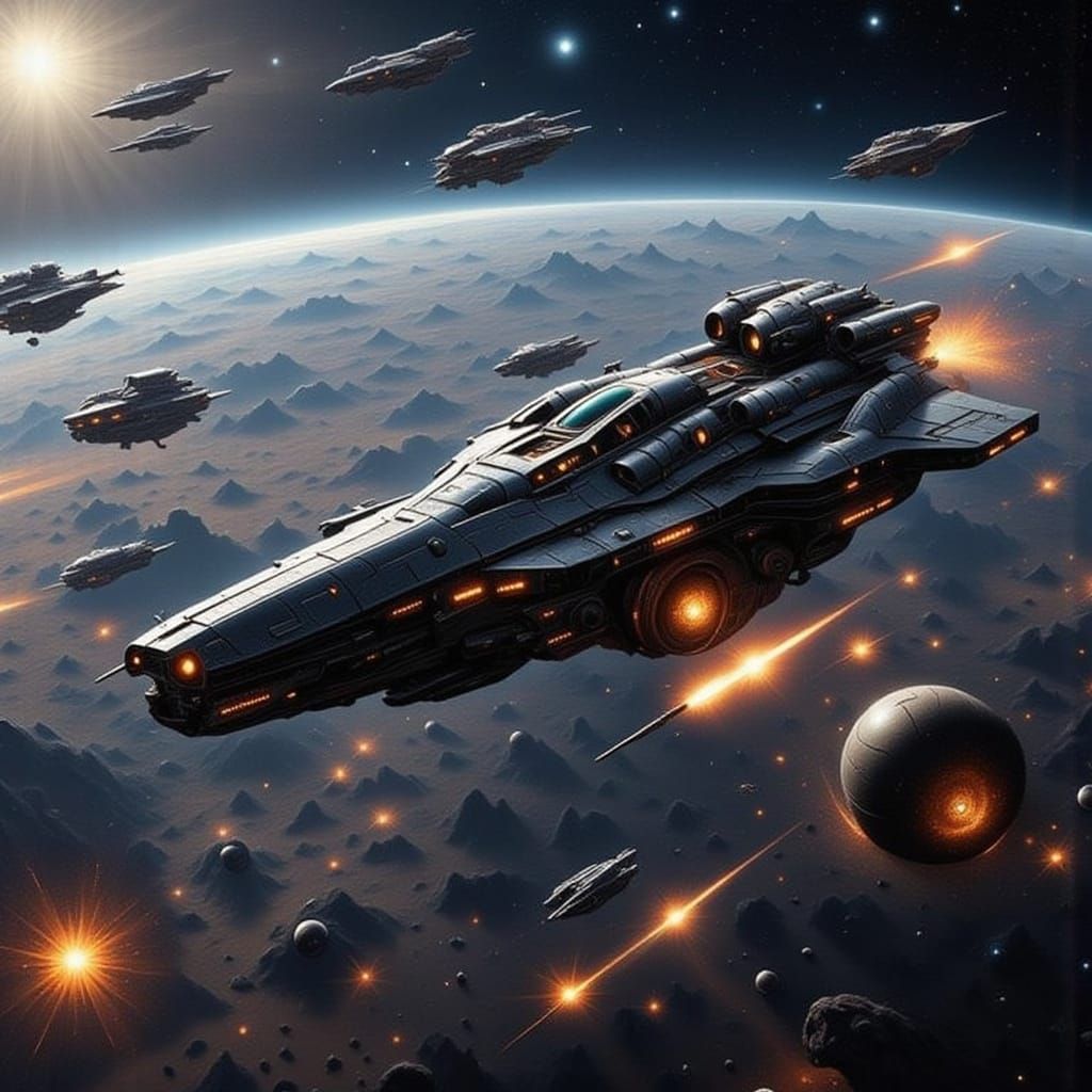 Futuristic Sci-Fi Spacecraft Engaged in Combat