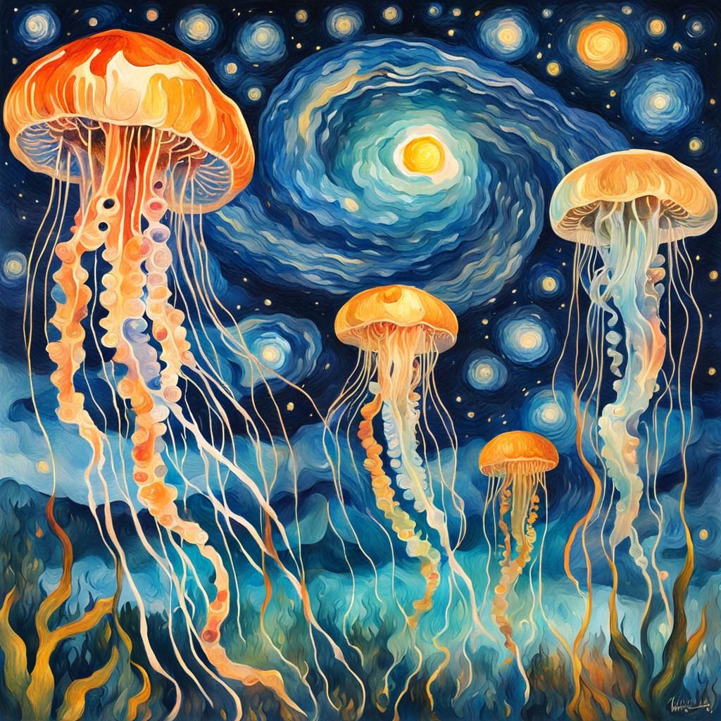 Starry Night Jellyfish: Van Gogh Style Double Exposure