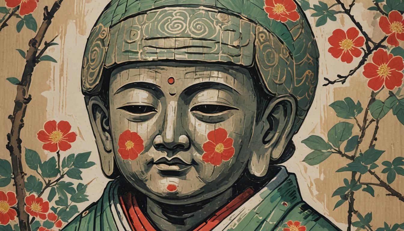 Jizo Statue in Meiji Era Woodblock Print