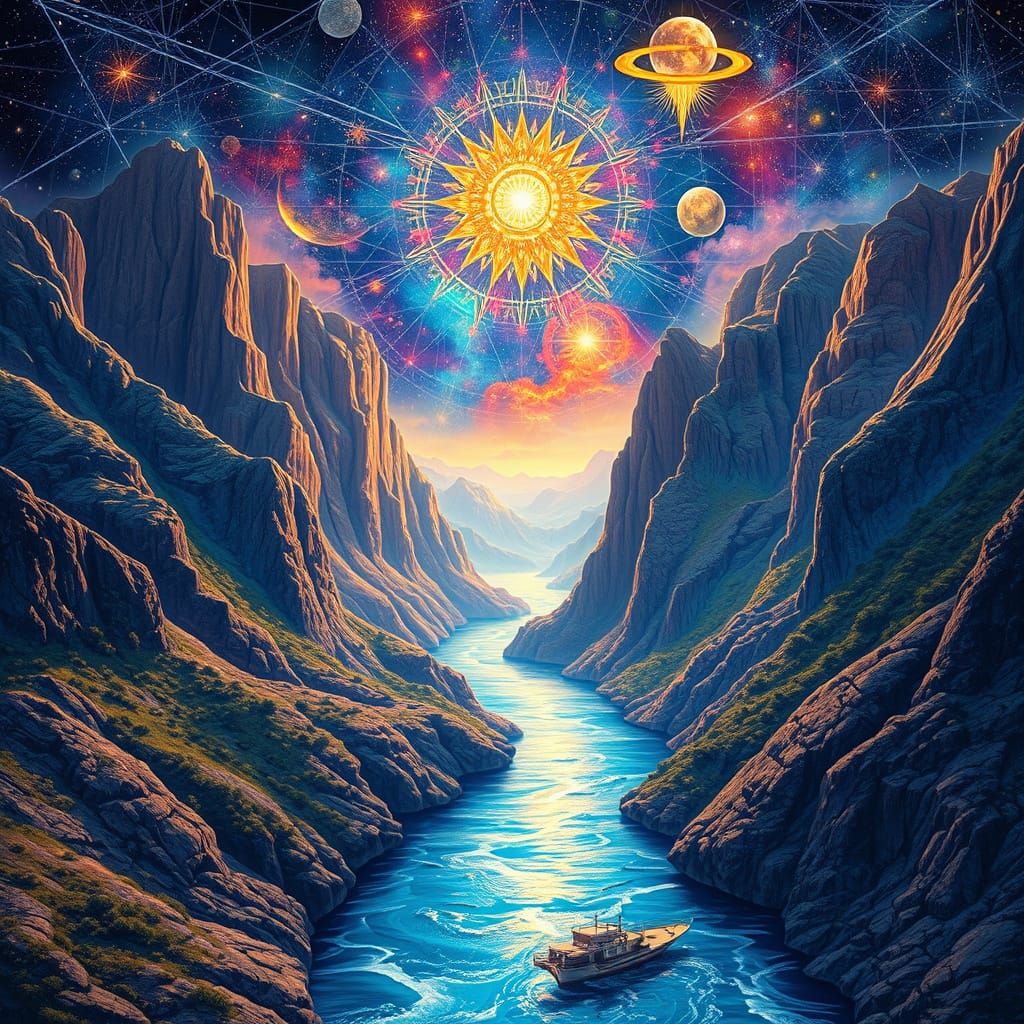 Majestic River in Cosmic Mountains, Holographic Illustration
