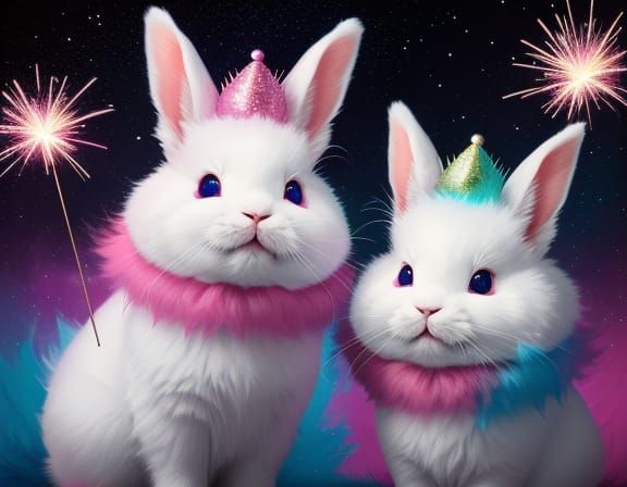 Fluffy Bunnies with Sparklers in Neon Daisy Field