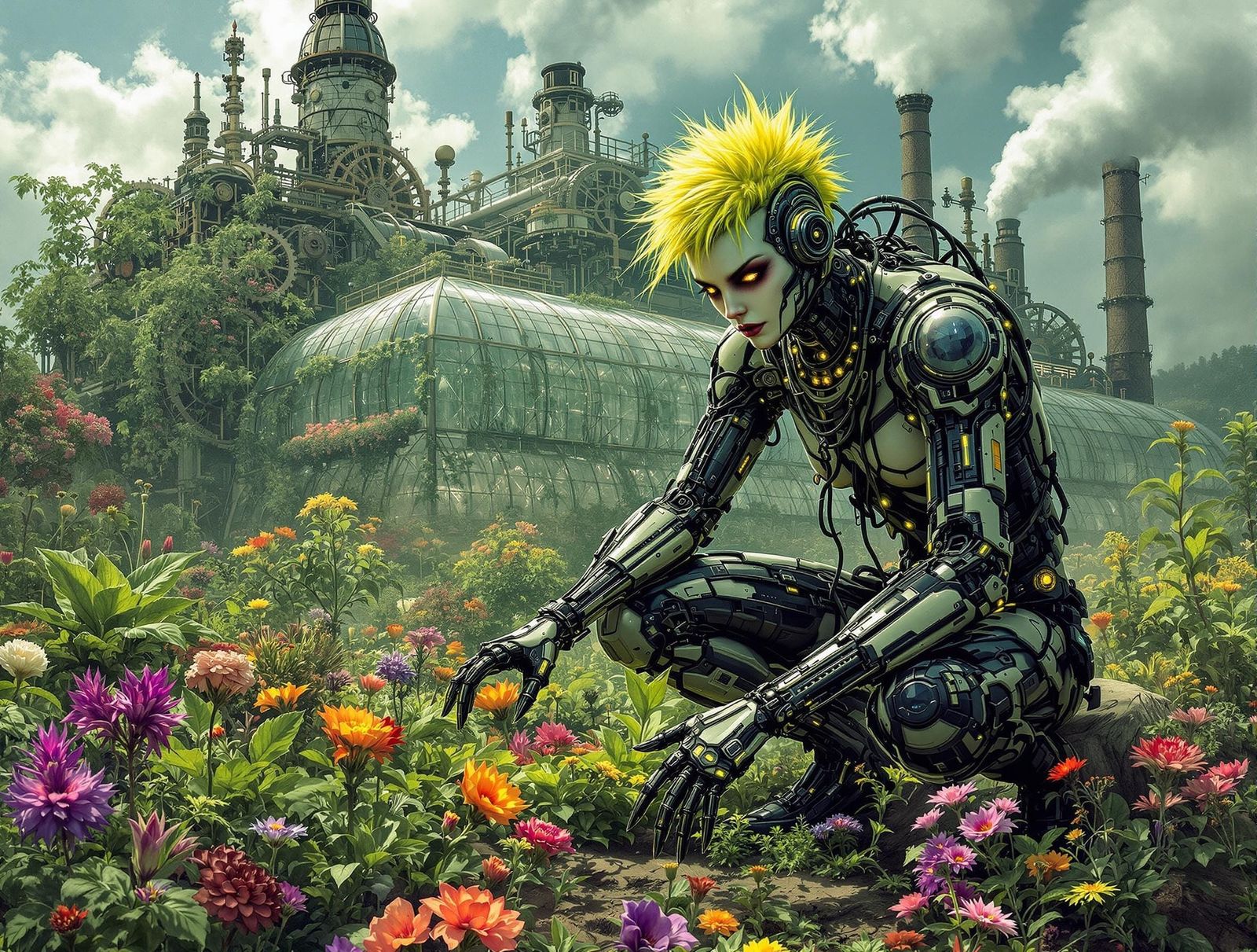 Gothic Cyborg Gardener in Steampunk Greenhouse