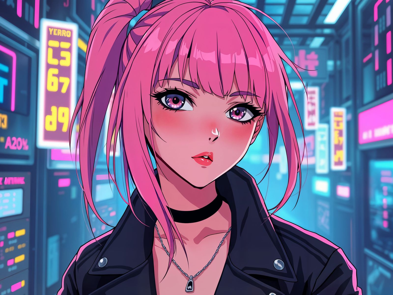 Cyberpunk Anime Portrait of Pink Haired Girl