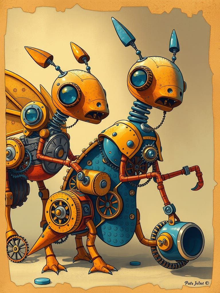 Steampunk Clockwork Creatures in Sepia and Blue