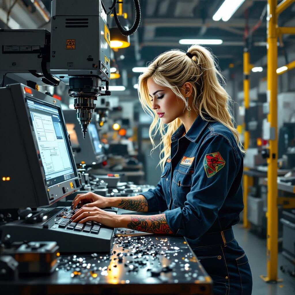 Woman Operating CNC Mill in Futuristic Workshop