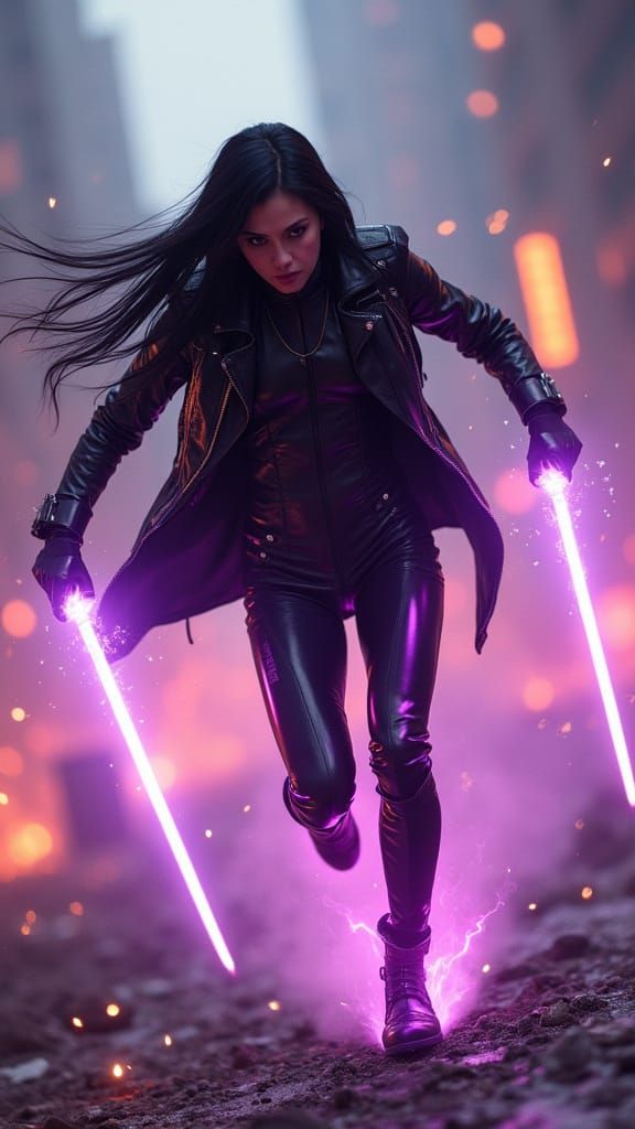 Cyberpunk Warrior Dashes Through Neon-Lit Battlefield