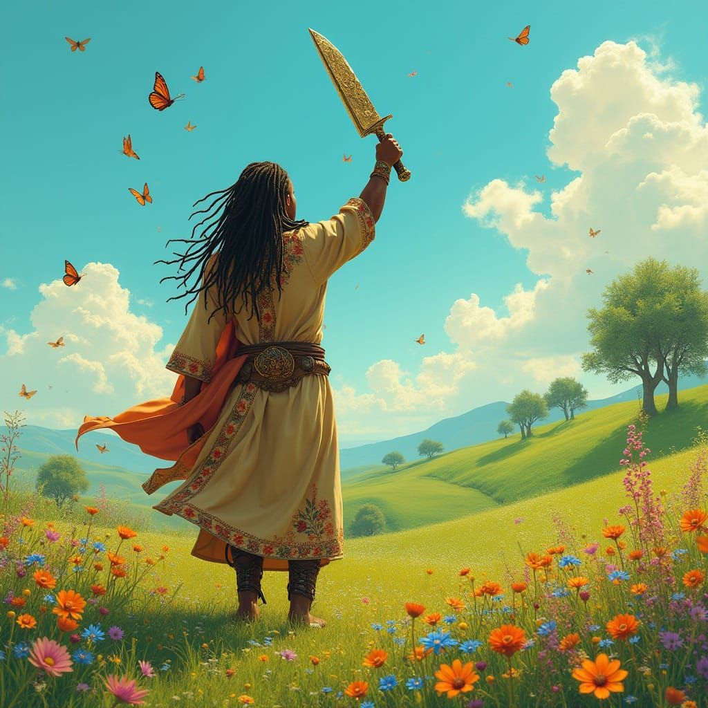 Sun-Kissed Warrior Guards Wildflower Meadow