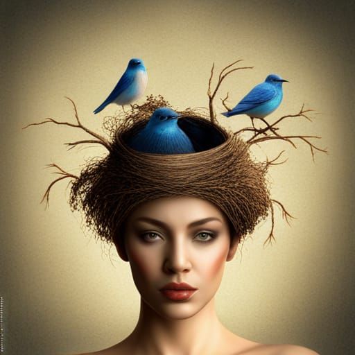 Elegant Woman with Bird's Nest Hat, Hyperreal Art