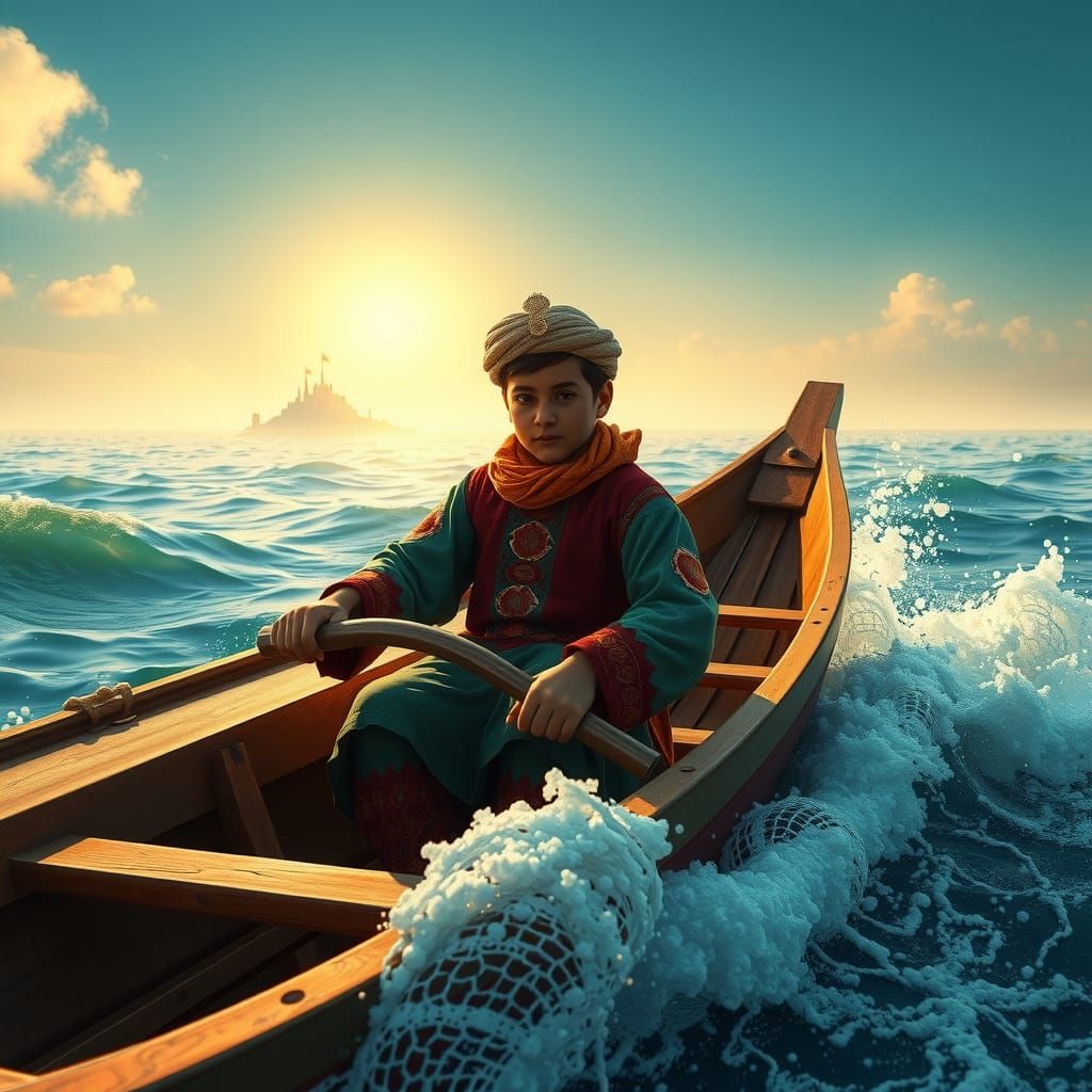 Afghan Boy Sails Ocean in Dreamlike Painting