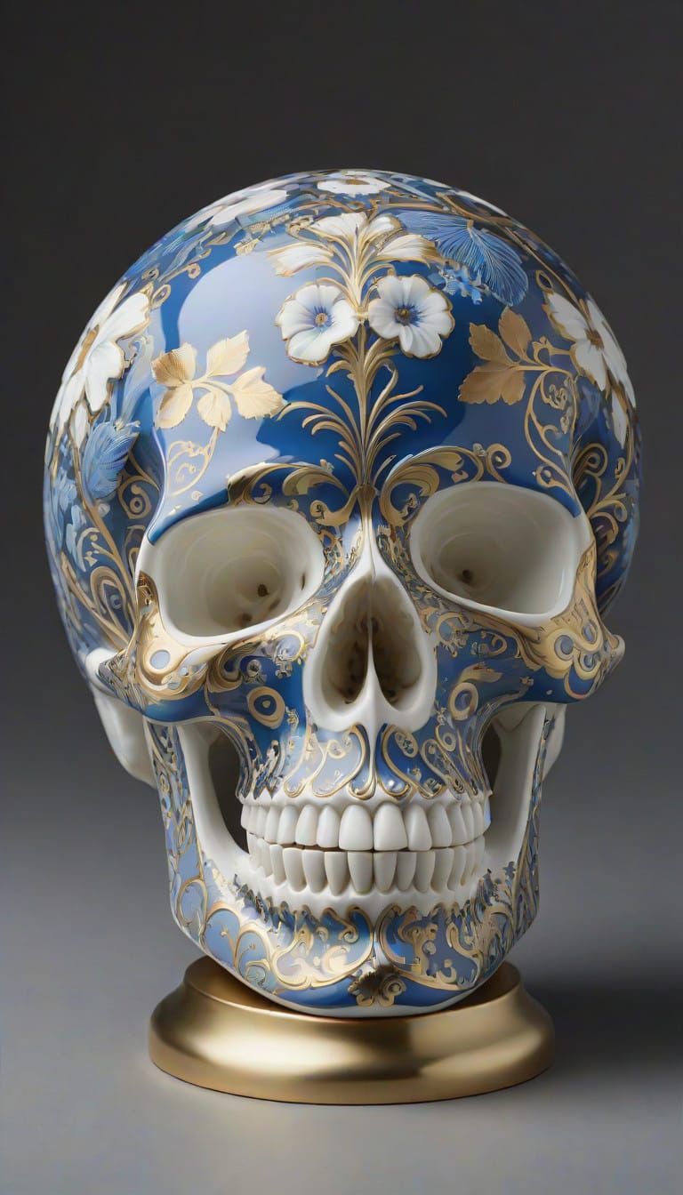 Elegant Fine China Skull Portrait with Shifting Floral Patte...