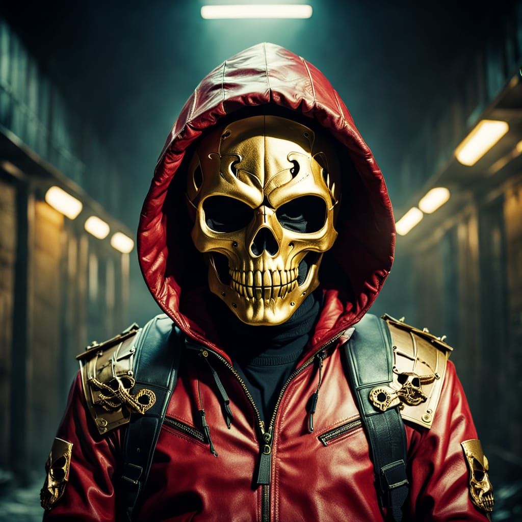 Epic Cinematic Figure in Red Leather and Golden Skull Mask