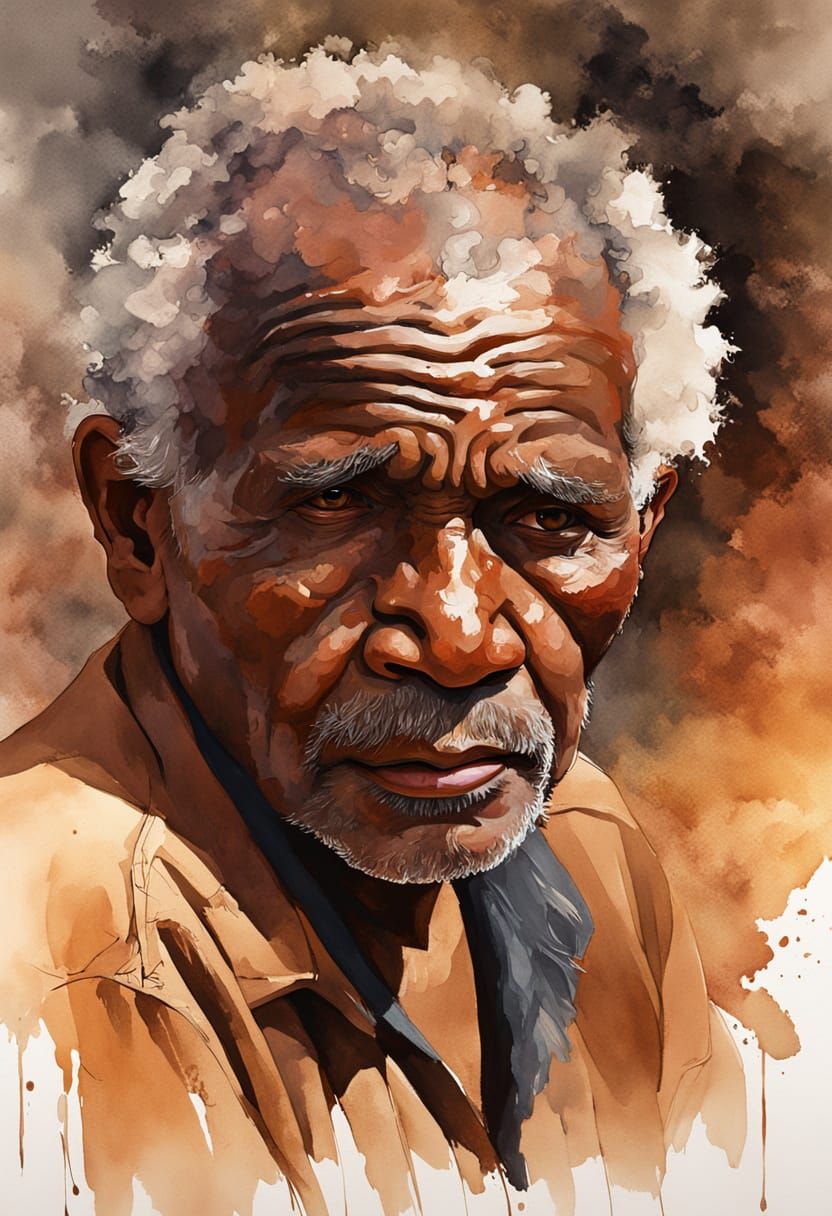 Elderly Aboriginal Man Portrait in Watercolor