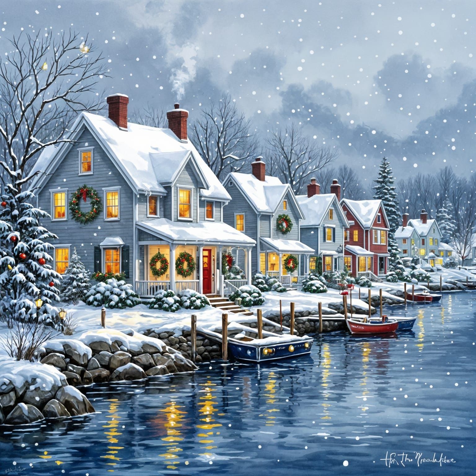 Snowy Maine Harbor Cottage in Watercolor Style