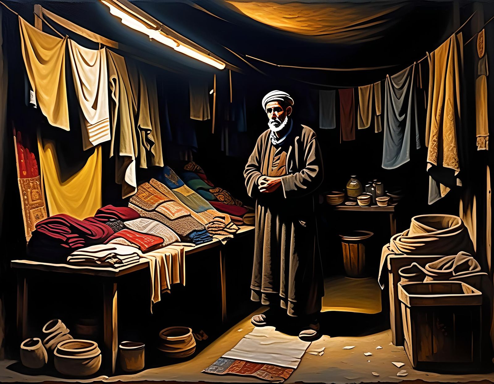 Destitute Merchant in Market Stall Oil Painting