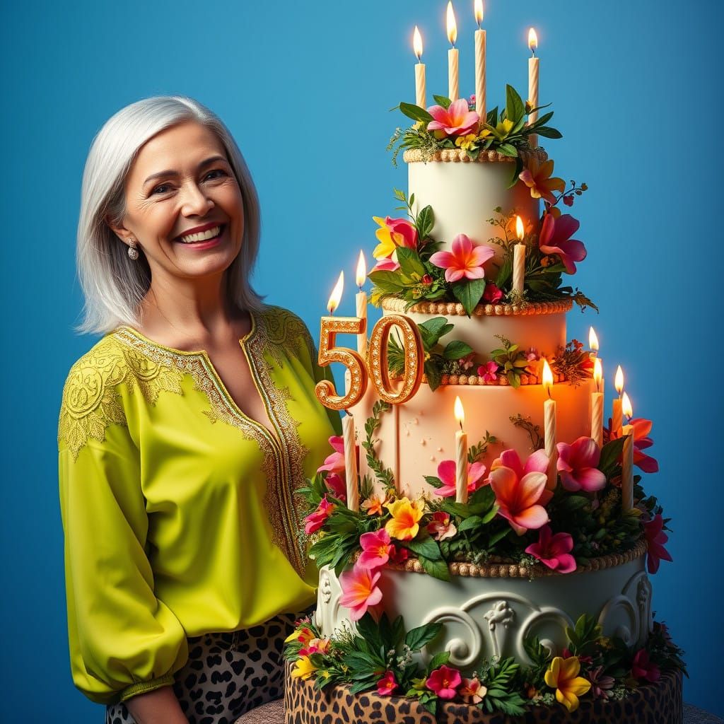 Joyful Woman Celebrates 50 Years with Vibrant Cake and Color...
