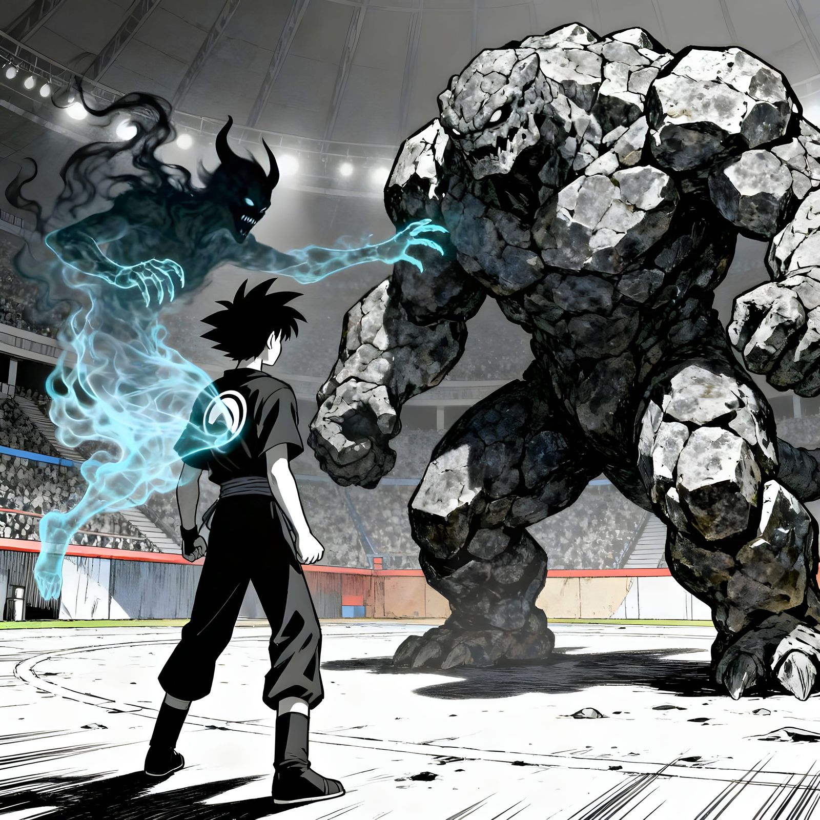 Anime Art: Teenager Fights Rock Beast, Shadow Demon Appears