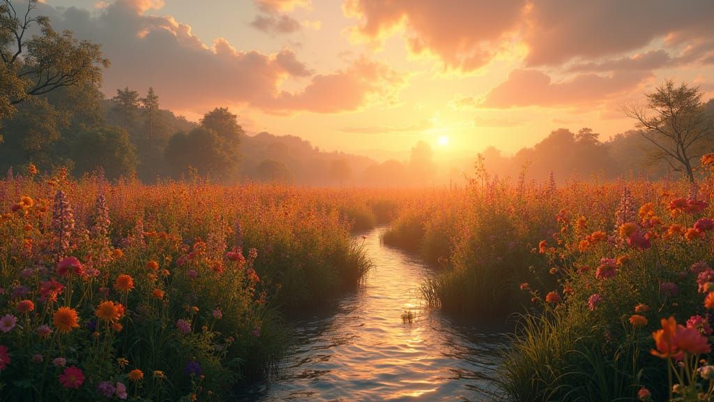 Sunset Over Wildflower Field: Fantasy Digital Art
