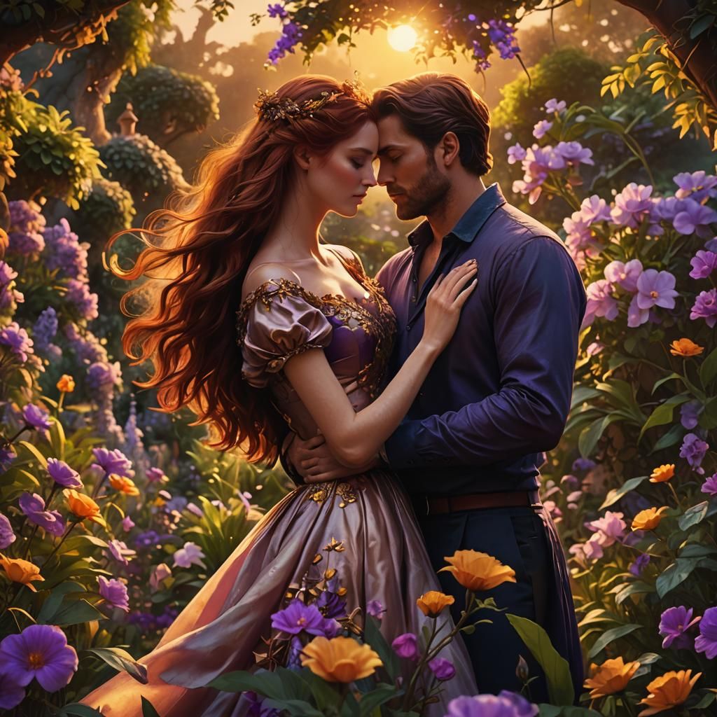 Romantic Garden Sunset: A Vibrant Oil Painting