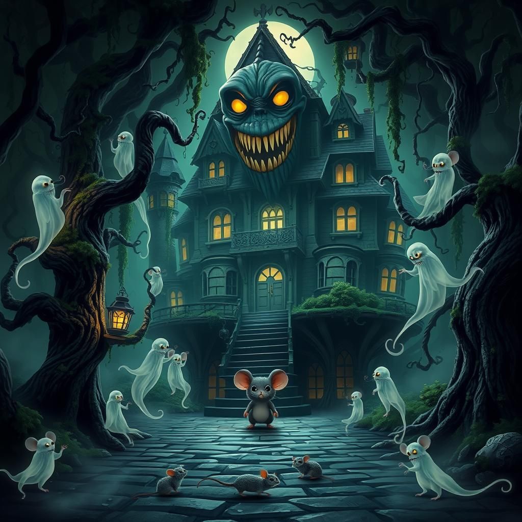 Chibi Mouse at Haunted Mansion in Surreal Style
