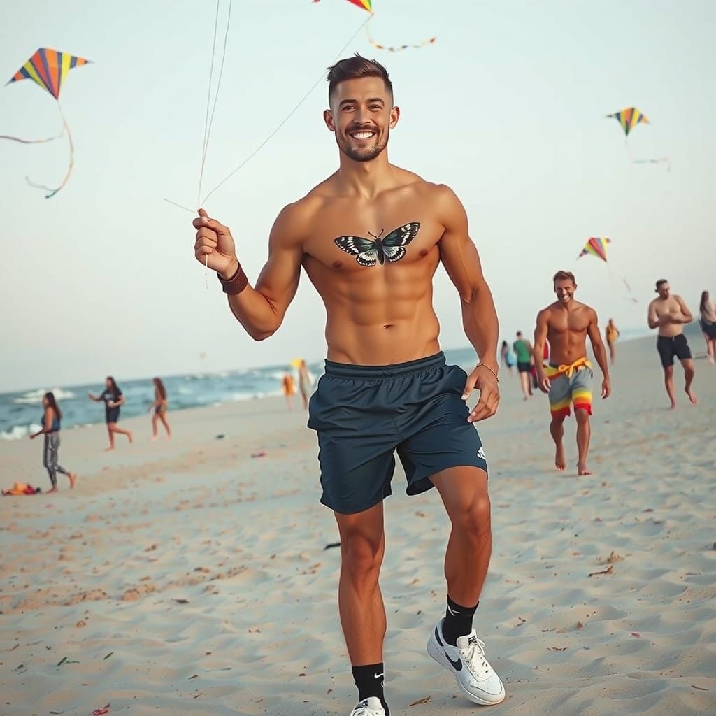 Dawn Beach Scene: Muscular Man Flying Kites