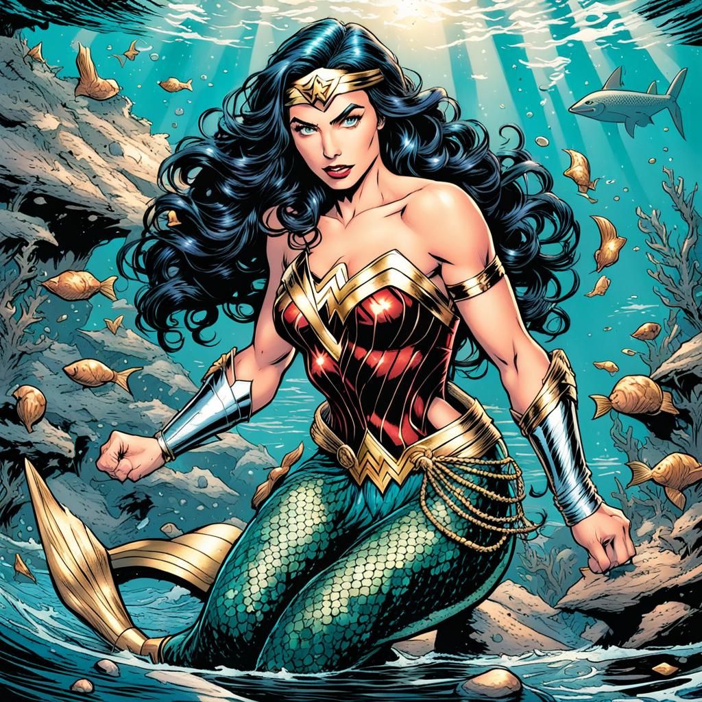Wonder Woman as Mermaid in Comic Book Style