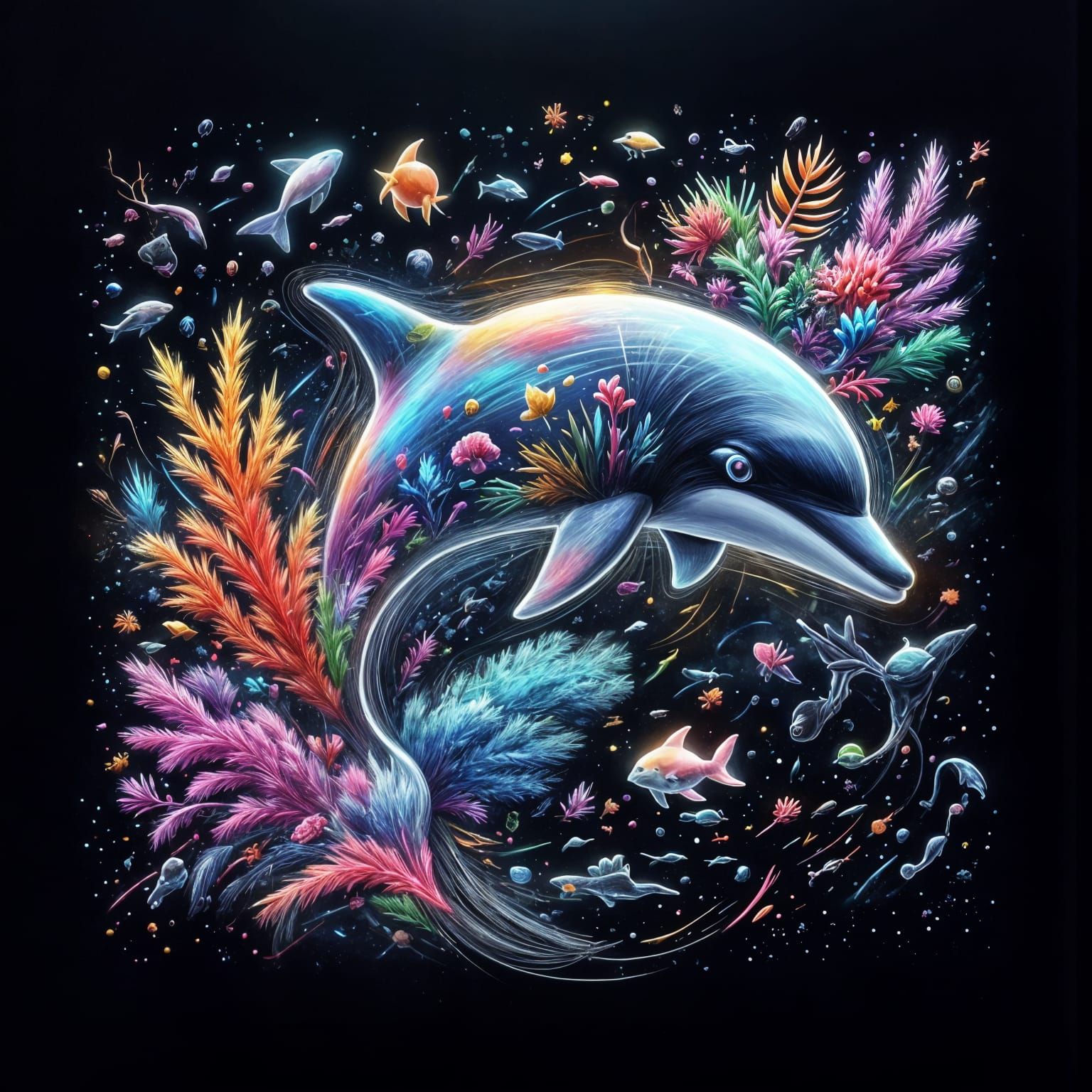 Dolphin Swimming: Chalk on Black Paper Pop Art