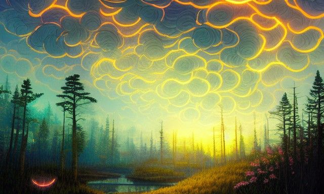 Luminous Forest: Fireflies and Clouds, Impressionist Illustr...