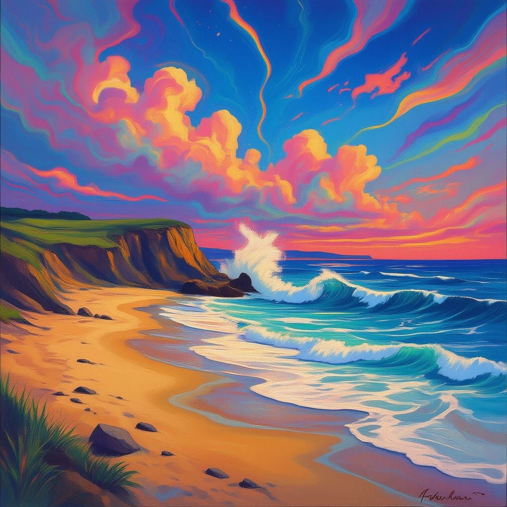 Coastal headland on a long sandy beach with azure skies surf...